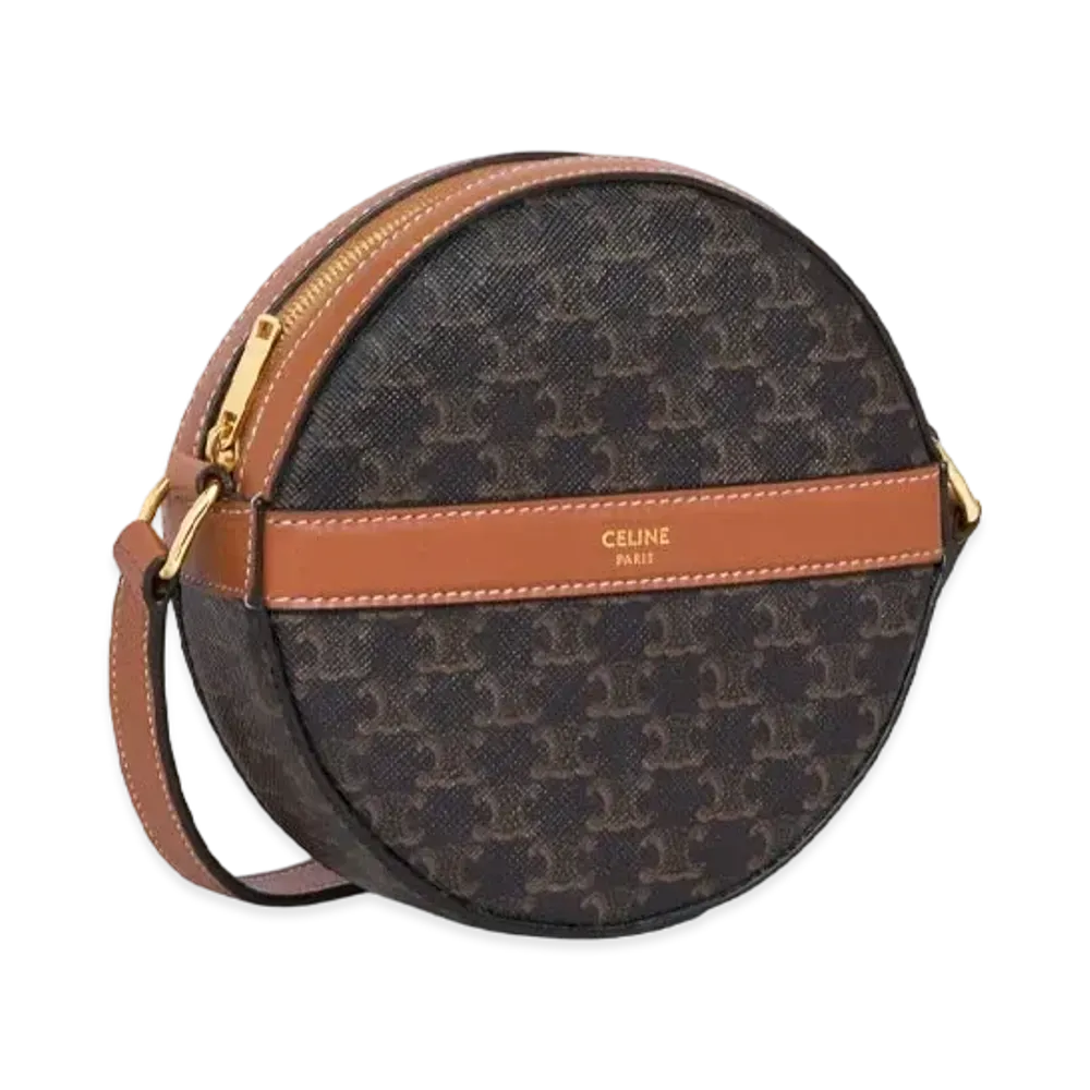 CELINE Round Purse On Strap In Triomphe Canvas And Lambskin "Black/Tan"