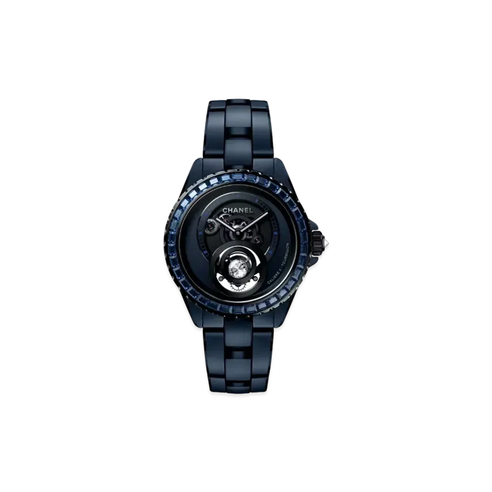 CHANEL J12 Bleu Diamond Tourbillon 38 x 12.6mm Black Coated Sapphire Bezel Openwork Dial World Exclusive 55 "Matte Blue Ceramic/Stainless Steel" H10334