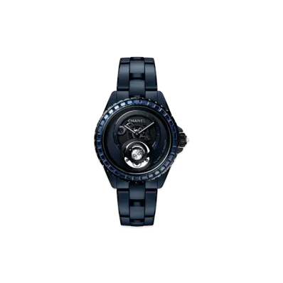 CHANEL J12 Bleu Diamond Tourbillon 38 x 12.6mm Black Coated Sapphire Bezel Openwork Dial World Exclusive 55 "Matte Blue Ceramic/Stainless Steel" H10334