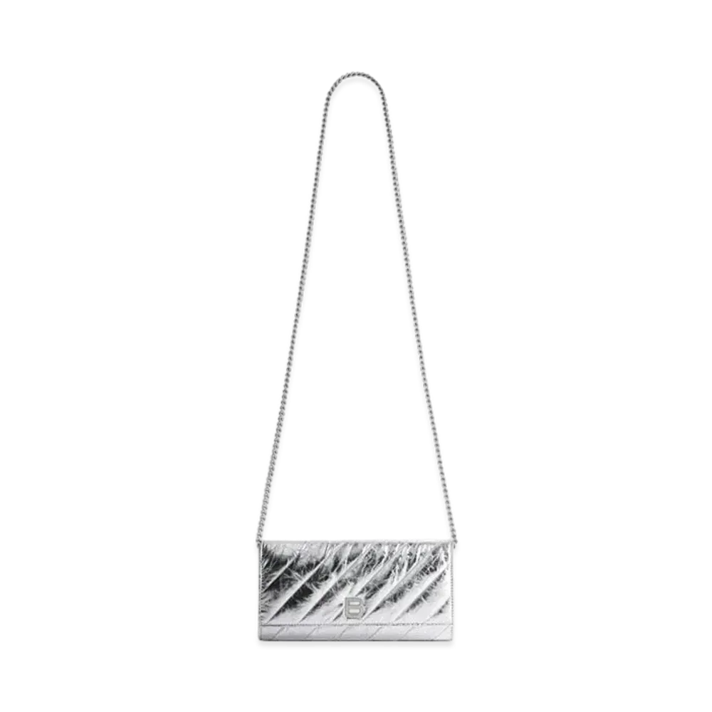 BALENCIAGA Crush Wallet On Chain Metallized Quilted "Silver"