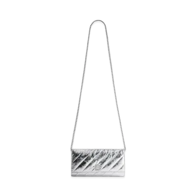 BALENCIAGA Crush Wallet On Chain Metallized Quilted "Silver"