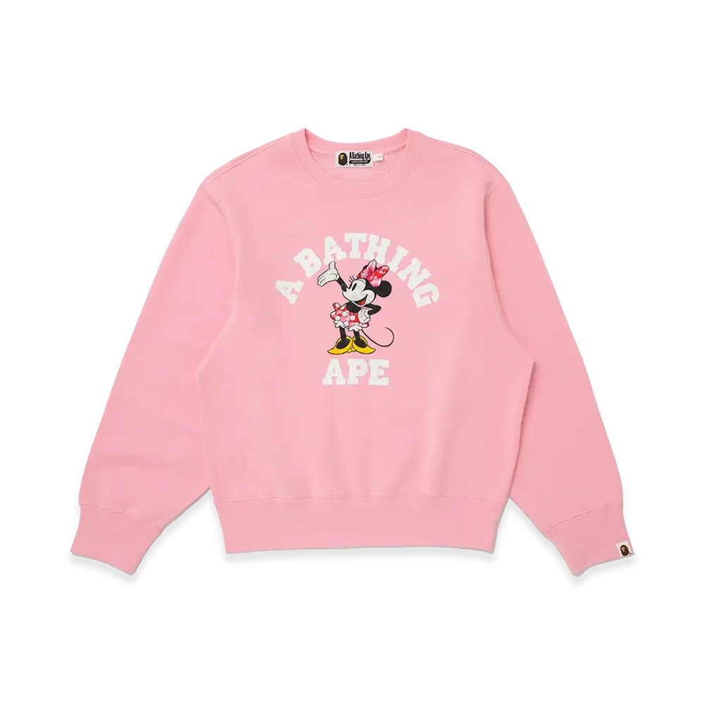 A BATHING APE x Disney Women's Minnie Mouse College Crewneck Sweatshirt "Pink"