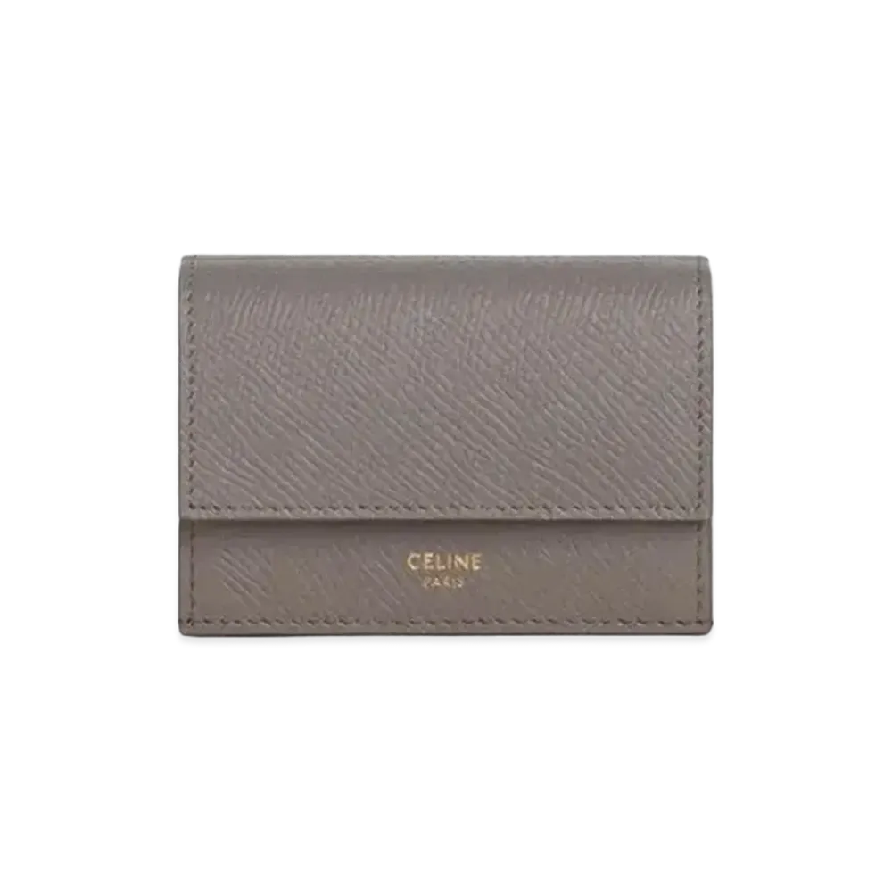 CELINE Folded Wallet In Grained Calfskin Gold Logo "Pebble"