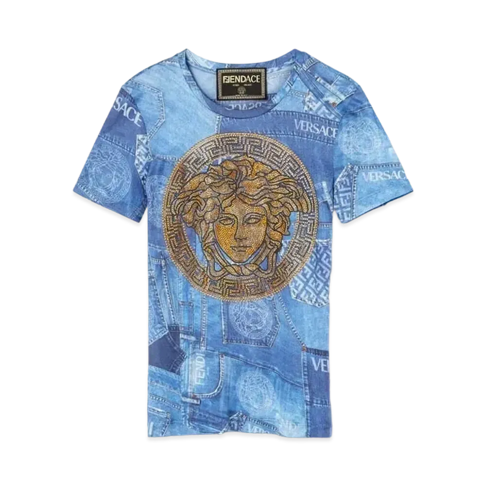 FENDI x Versace Fendace Denim Patchwork T-Shirt "Blue"