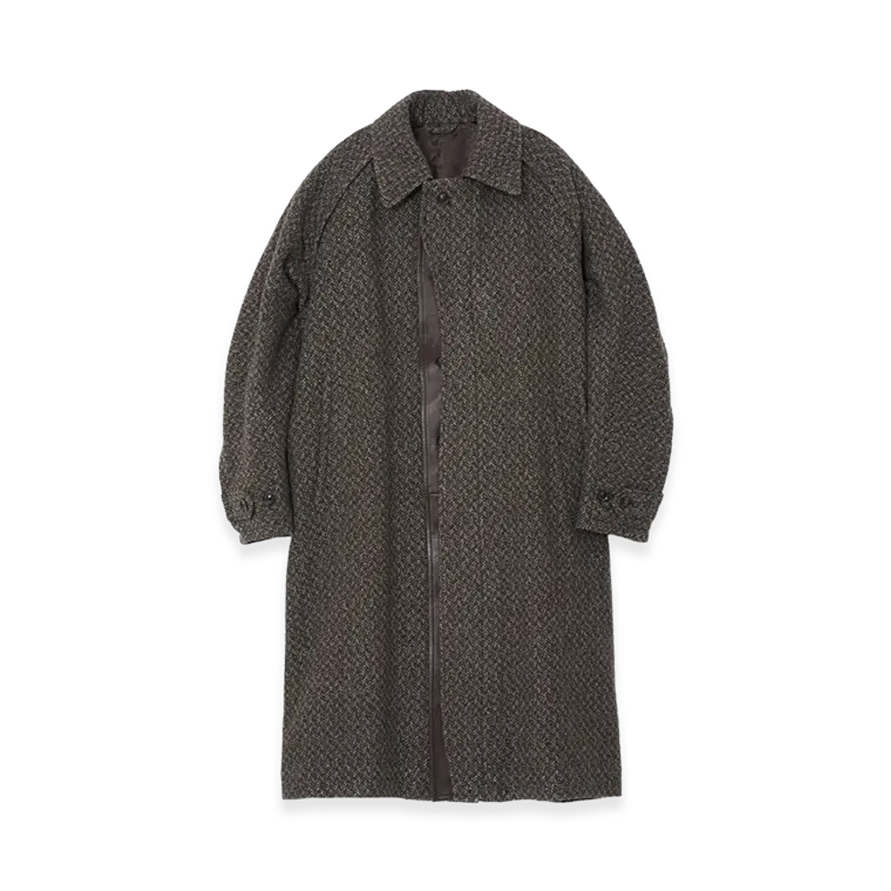 YOKE Herringbone Wool Tweed Balmacaan Overcoat "Brown"