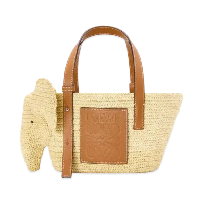 LOEWE Small Elephant Basket Bag In Raffia And Calfskin "Natural/Tan"