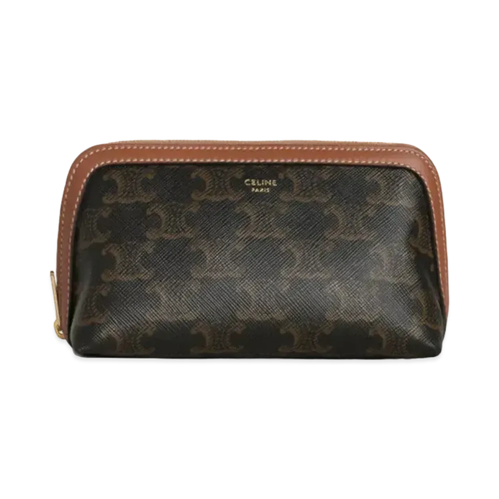 CELINE Cosmetic Pouch in Triomphe Canvas and Lambskin "Tan"