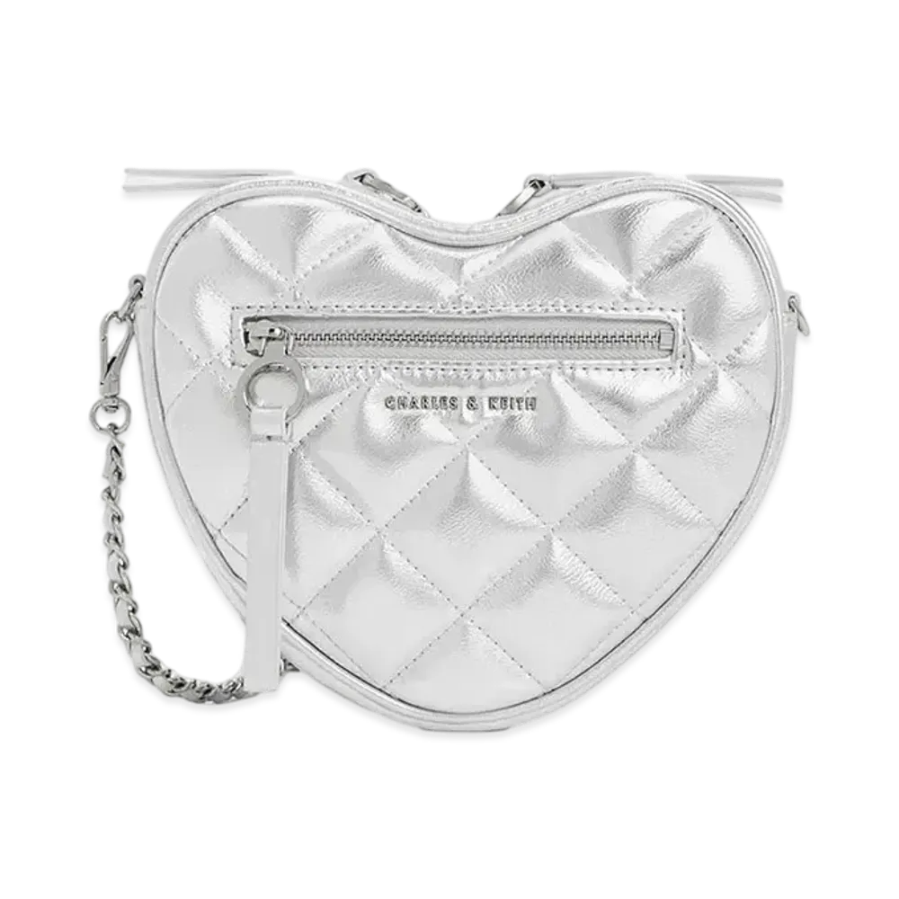 CHARLES & KEITH Philomena Quilted Heart Crossbody Bag "Silver"