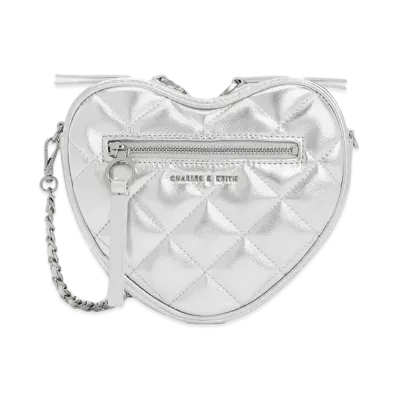 CHARLES & KEITH Philomena Quilted Heart Crossbody Bag "Silver"