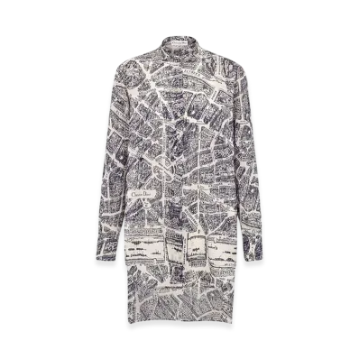 Dior Women's Long Blouse Voile Plan Paris Motif "White/Navy Blue"