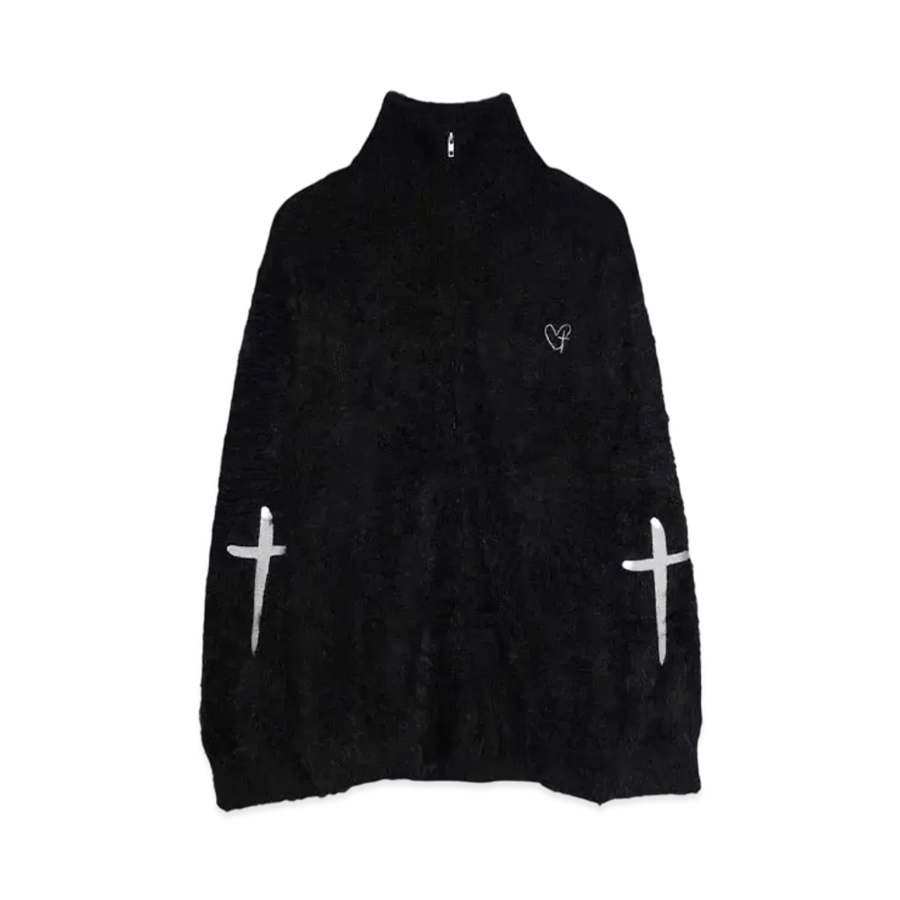 A GOOD BAD INFLUENCE HEART CROSS ZIPPED MOHAIR SWEATER "BLACK/GREY"