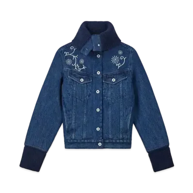 KENZO 'MARGUERITE'' Embroidery Trucker Jacket in Japanese Denim & Rib Wool "Medium Stone Blue Denim"