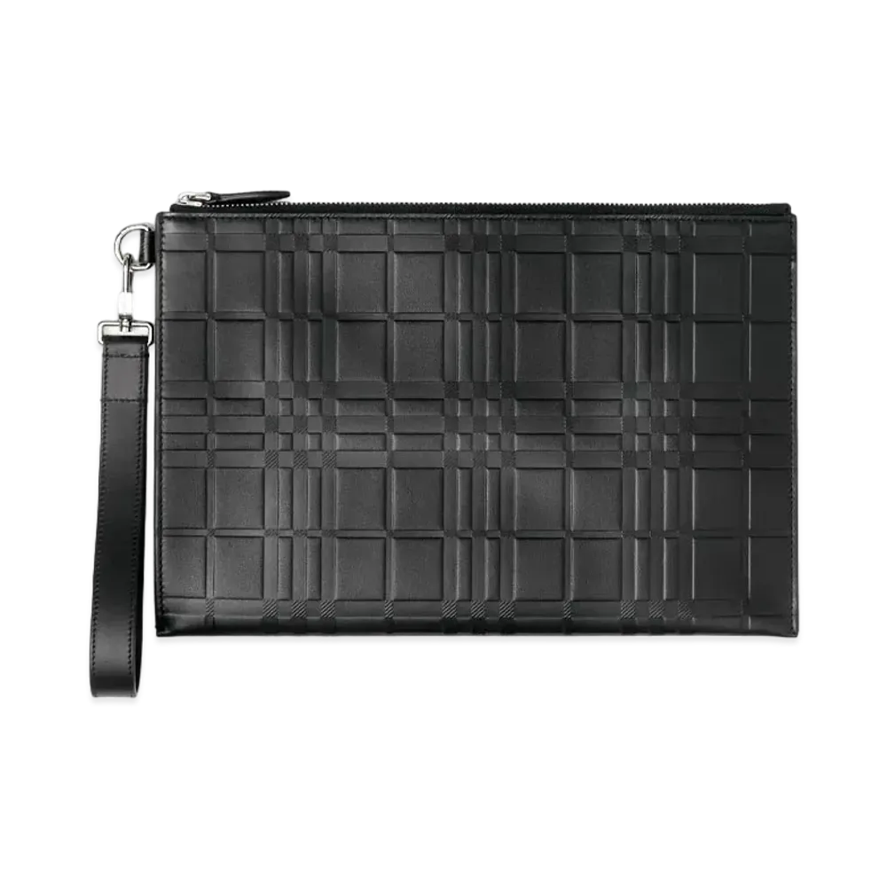 Burberry Large Embossed Check Leather Zip Pouch "Black"
