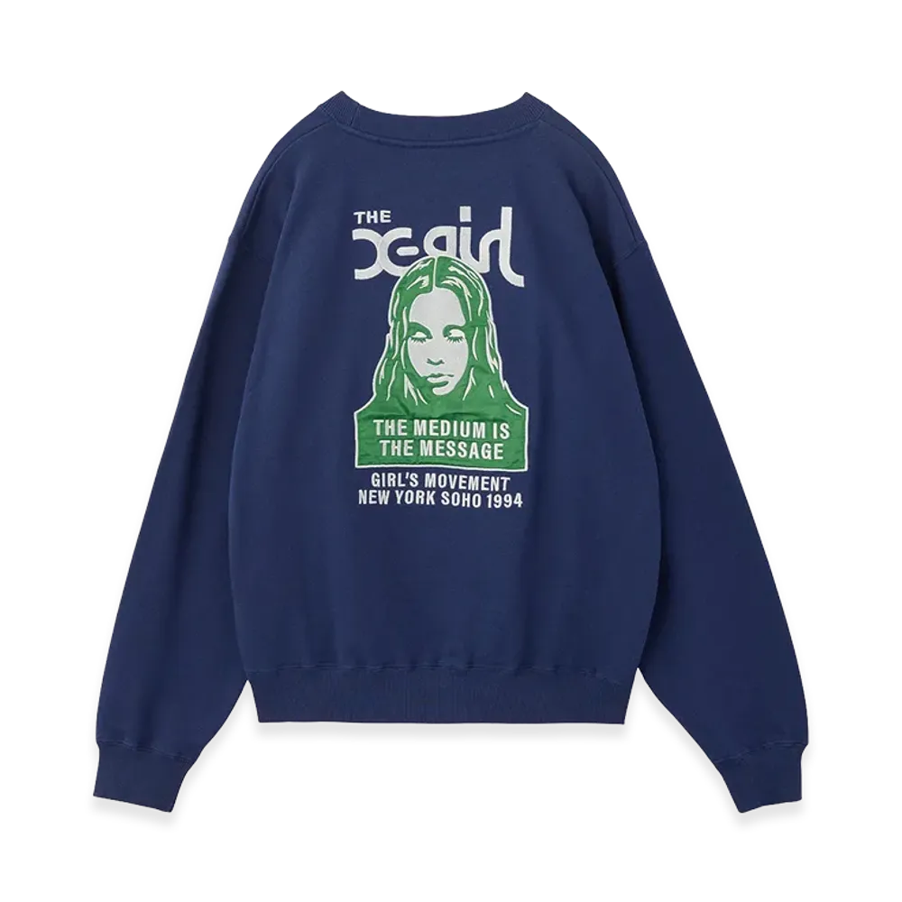X-Girl Women's Face Patch And Logo Crewneck Sweat Top "Navy"