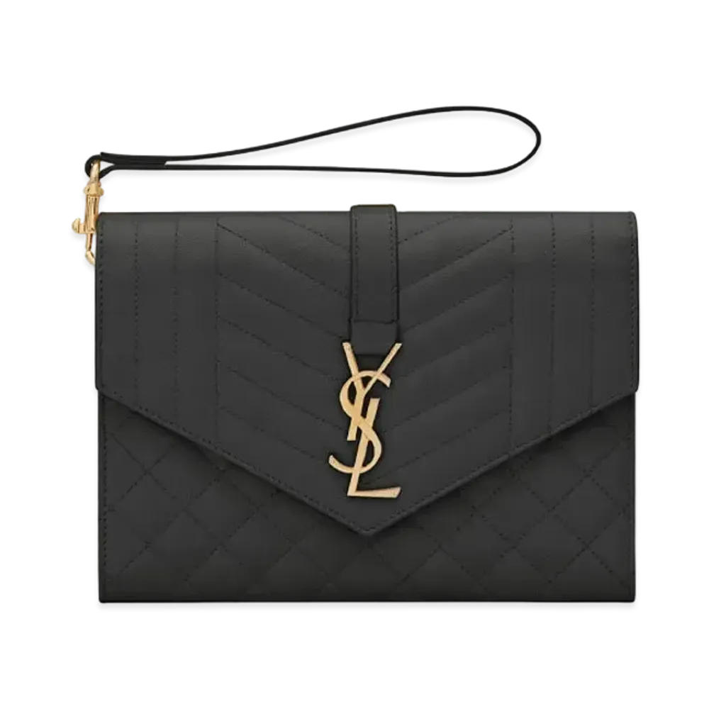 SAINT LAURENT Monogram Clutch In Mix Matelasse Grain De Poudre Embossed Leather "Black"