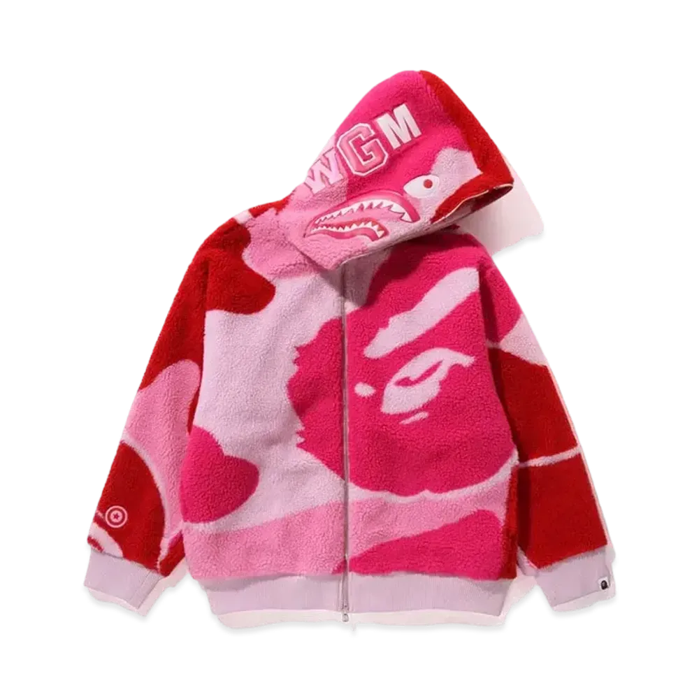 A BATHING APE Mega ABC Camo Shark Boa Hoodie Jacket "Pink"