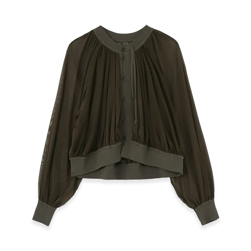 Y's Polyester Tulle Gather Short Cardigan "Khaki"