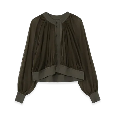 Y's Polyester Tulle Gather Short Cardigan "Khaki"