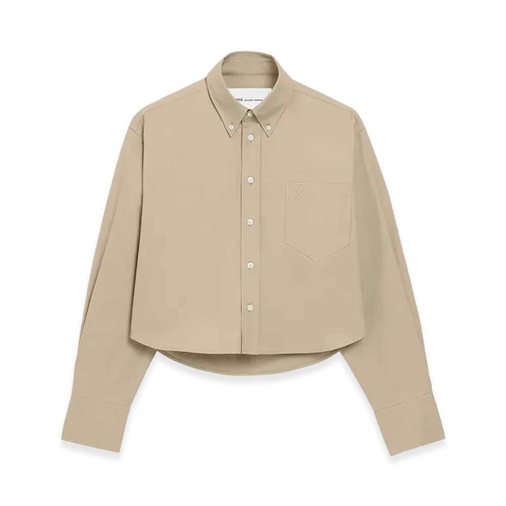 AMI PARIS Cotton Cropped Embossed Ami De Coeur Shirt "Beige"