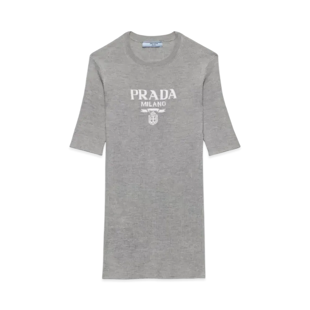 PRADA Women's Silk Crew-Neck Sweater with Logo "Gray"