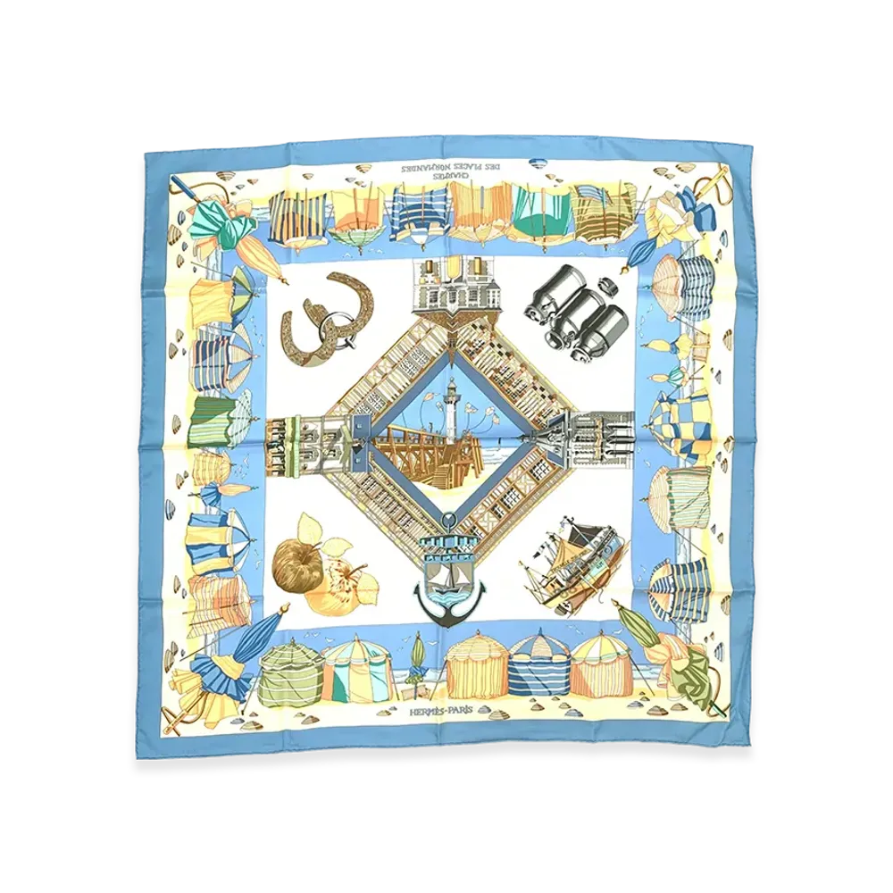 Hermes Scarf 90 Charmes Des Plages Normandes "Light Blue"