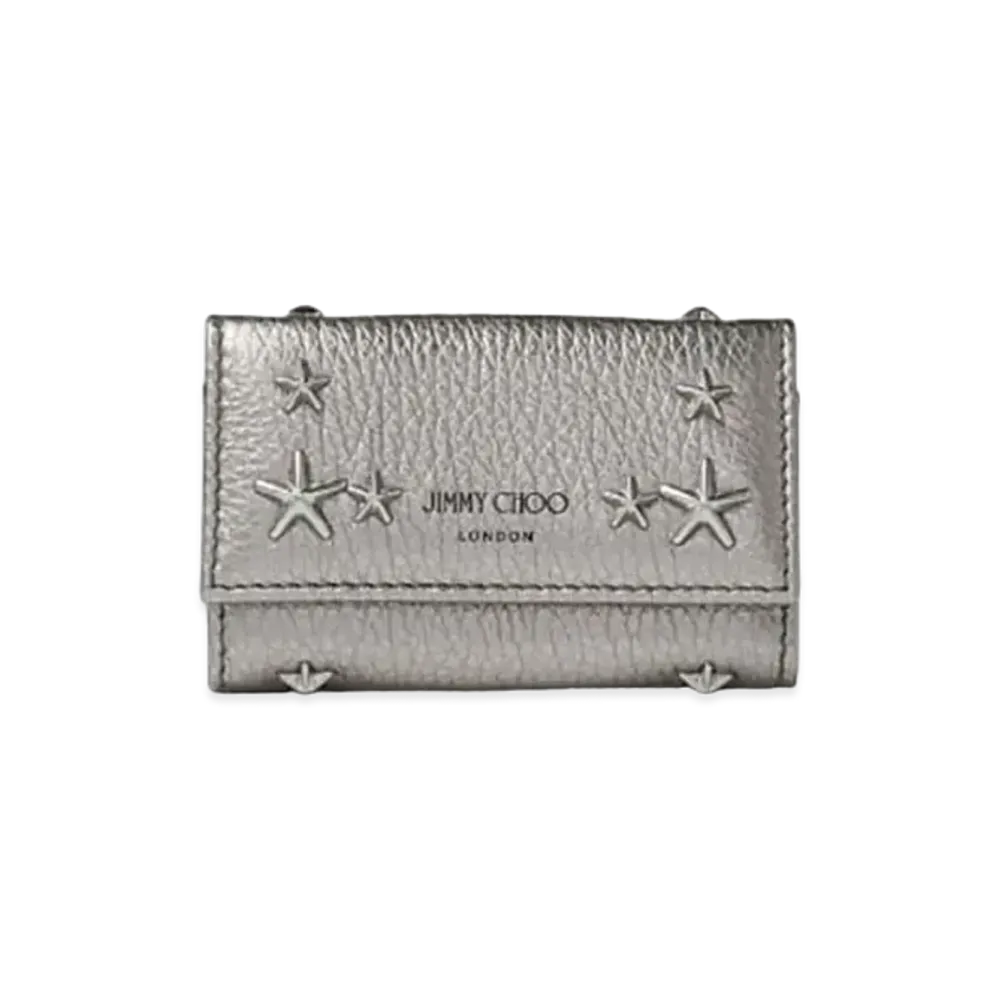 Jimmy Choo Neptune Metaric Soft Grainy Calf Leather Key Case With Stars Studs "Gunmetal"