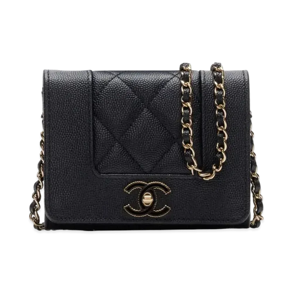 CHANEL Matelasse Mademoiselle Flap Mini Chain Wallet Caviarskin "Black/Gold"