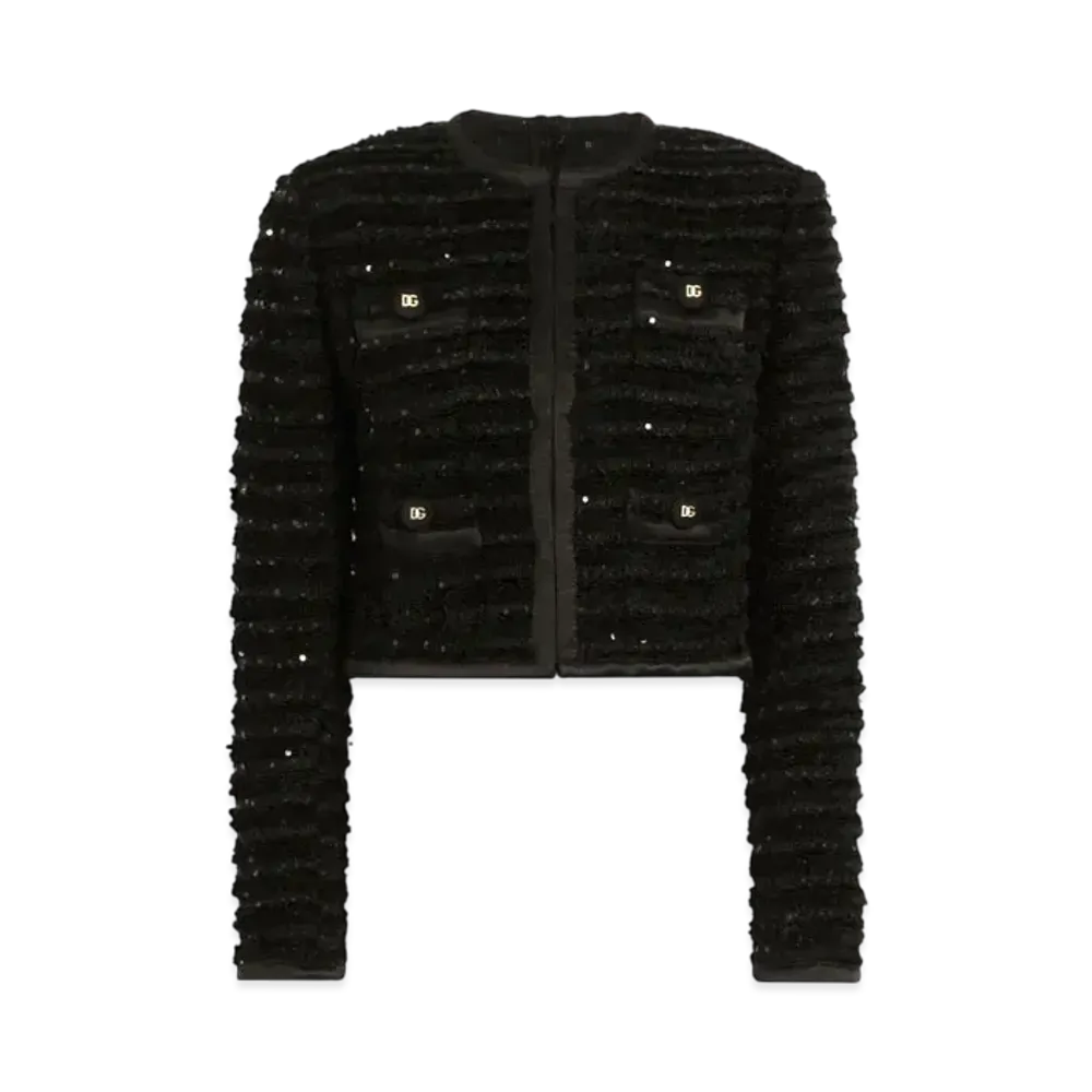 DOLCE&GABBANA Short Single-Breasted Tweed Jacket With Micro-Sequin Embellishment "Black"