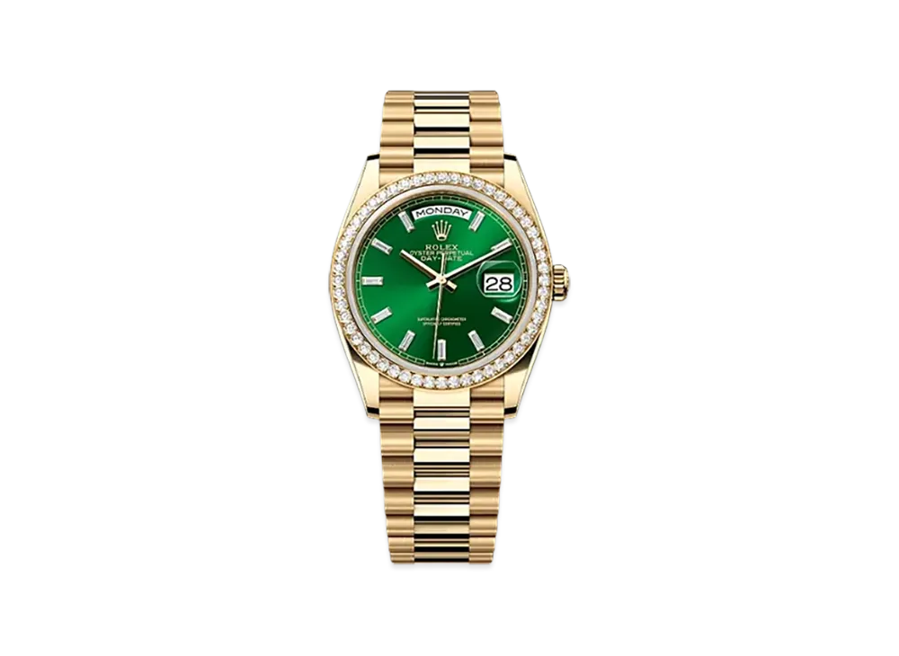 ROLEX Day-Date 36mm Yellow Gold Diamond 128348RBR "Bright Green"