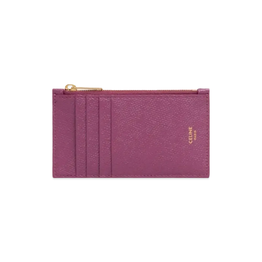 CELINE Zipped Compact Card Holder In Grained Calfskin "Wild Berry"
