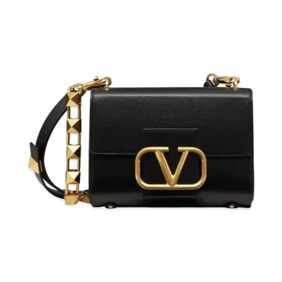 Valentino Studs Sign Grain Calfskin Shoulder Bag "Black"