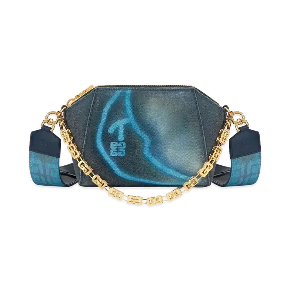 GIVENCHY Xs Antigona Bag In Tag Effect Printed Canvas With Chain "Steel Blue"