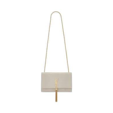 Saint Laurent Kate Medium With Tassel In Crocodile-Embossed Shiny Leather "Vintage White"