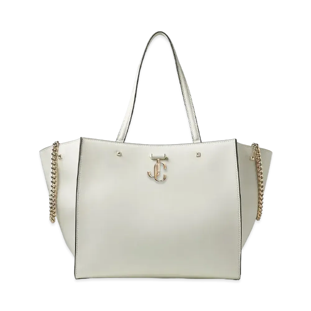JIMMY CHOO VARENNE TOTE Light Gold JC Logo With Fine Shiny Curf Leather Tote Bag "Latte"