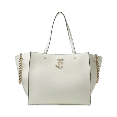 JIMMY CHOO VARENNE TOTE Light Gold JC Logo With Fine Shiny Curf Leather Tote Bag "Latte"