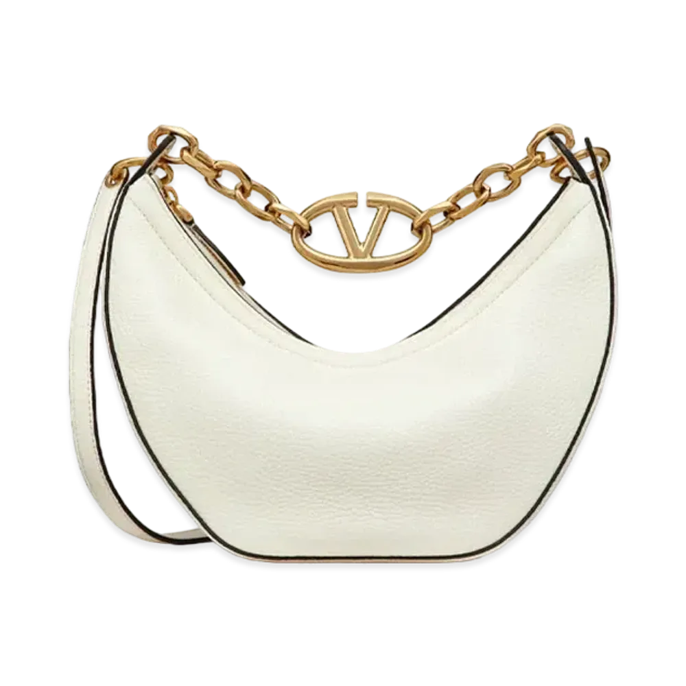 Valentino Small Vlogo Moon Hobo Bag In Leather With Chain "Ivory"