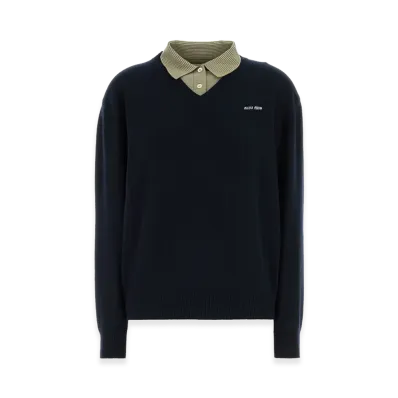 MIU MIU Women's Wool Blend Polo Shirt "Navy Blue"