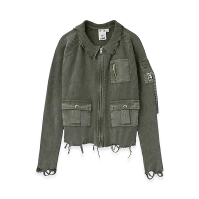 X-Girl Women's Distressed Woven Mix Zip Up Top "Olive"