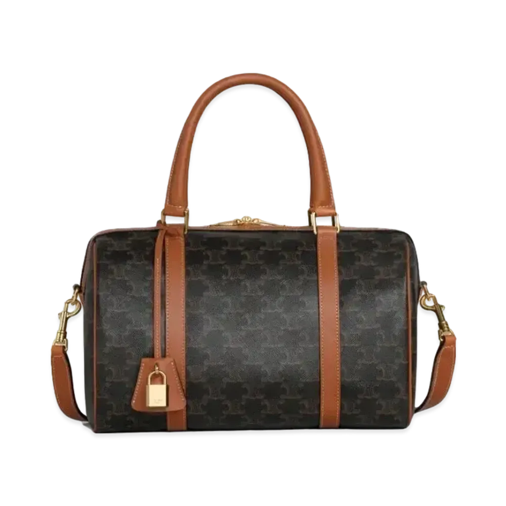 CELINE Boston Bag in Triomphe Canvas and Calfskin "Tan"