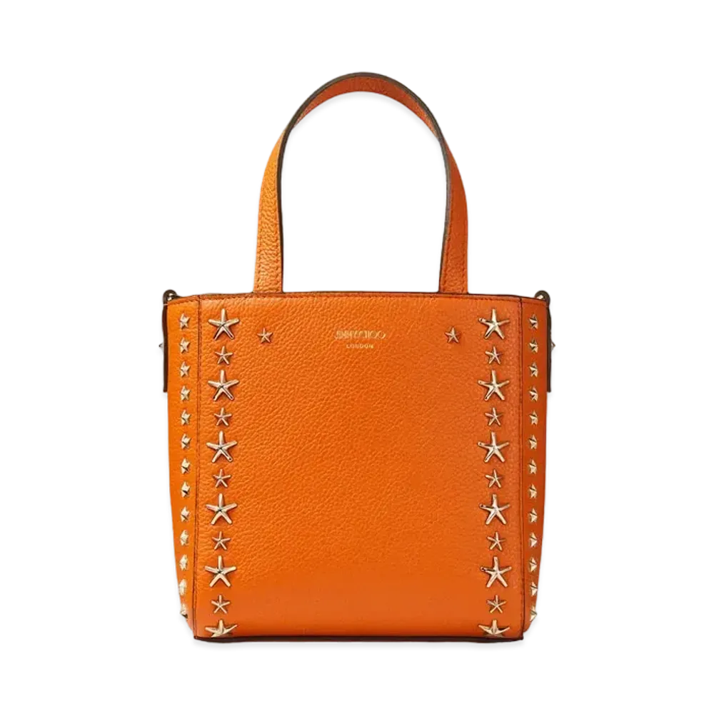 JIMMY CHOO MINI PEGASI Soft Grainy Curf Leather Mini Tote Bag With Star Studs "Amber Orange"