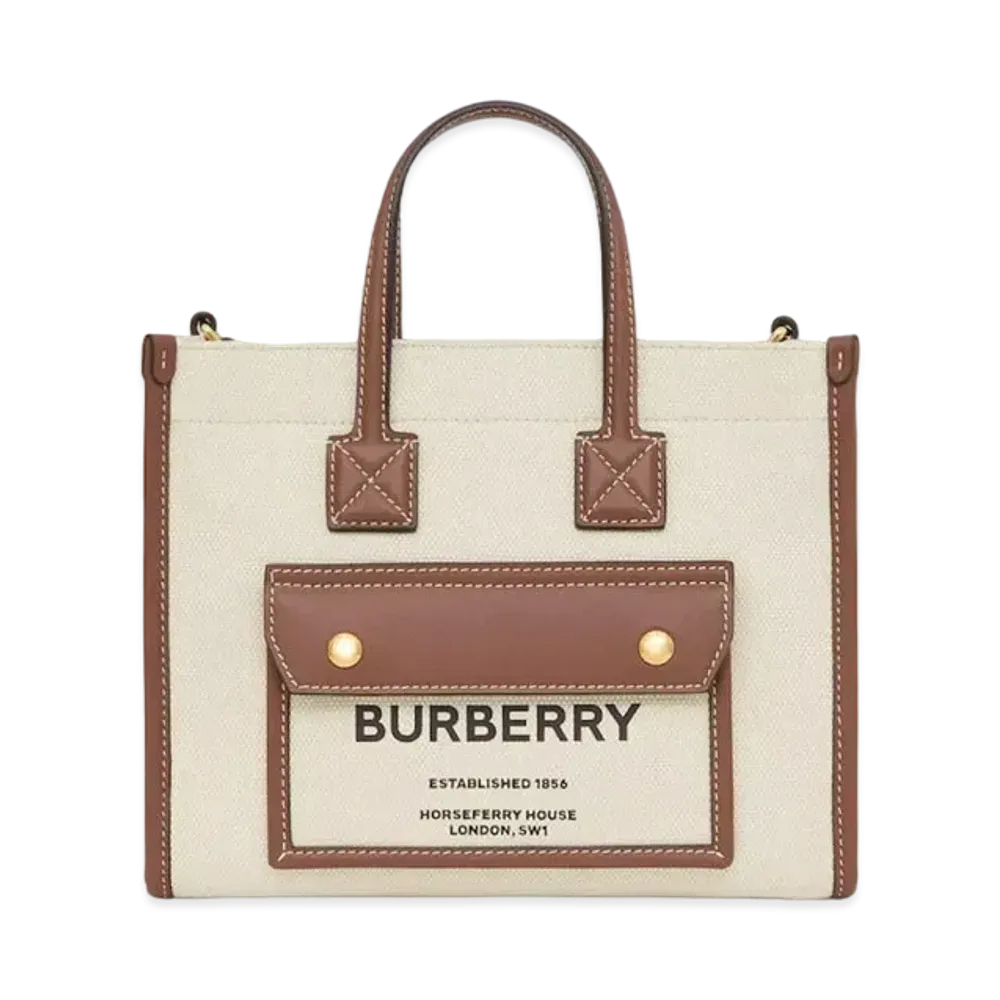 Burberry Two-Tone Canvas And Leather Mini Freya Tote "Natural/Tan"