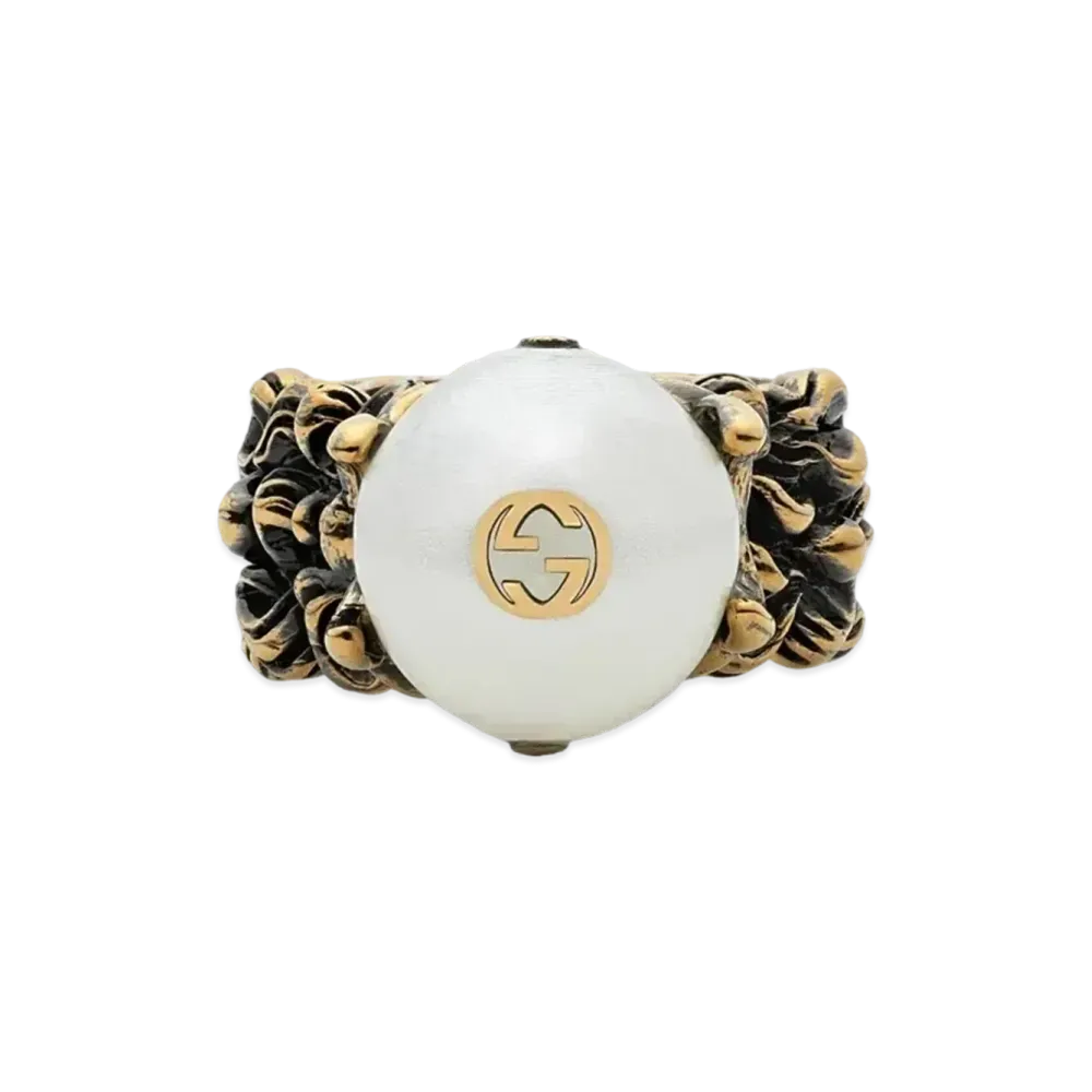 GUCCI Cream Glass Pearl Ring "Gold"
