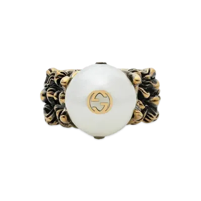 GUCCI Cream Glass Pearl Ring "Gold"