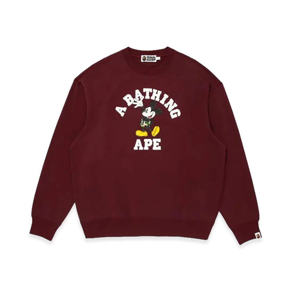 A BATHING APE x Disney Mickey Mouse College Relaxed Fit Crewneck "Burgundy"