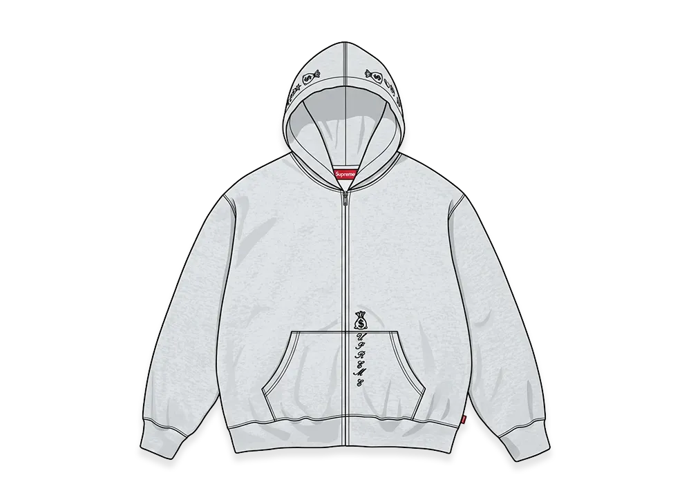 Supreme God Over Money Zip Up Hooded Sweatshirt "Ash Grey"