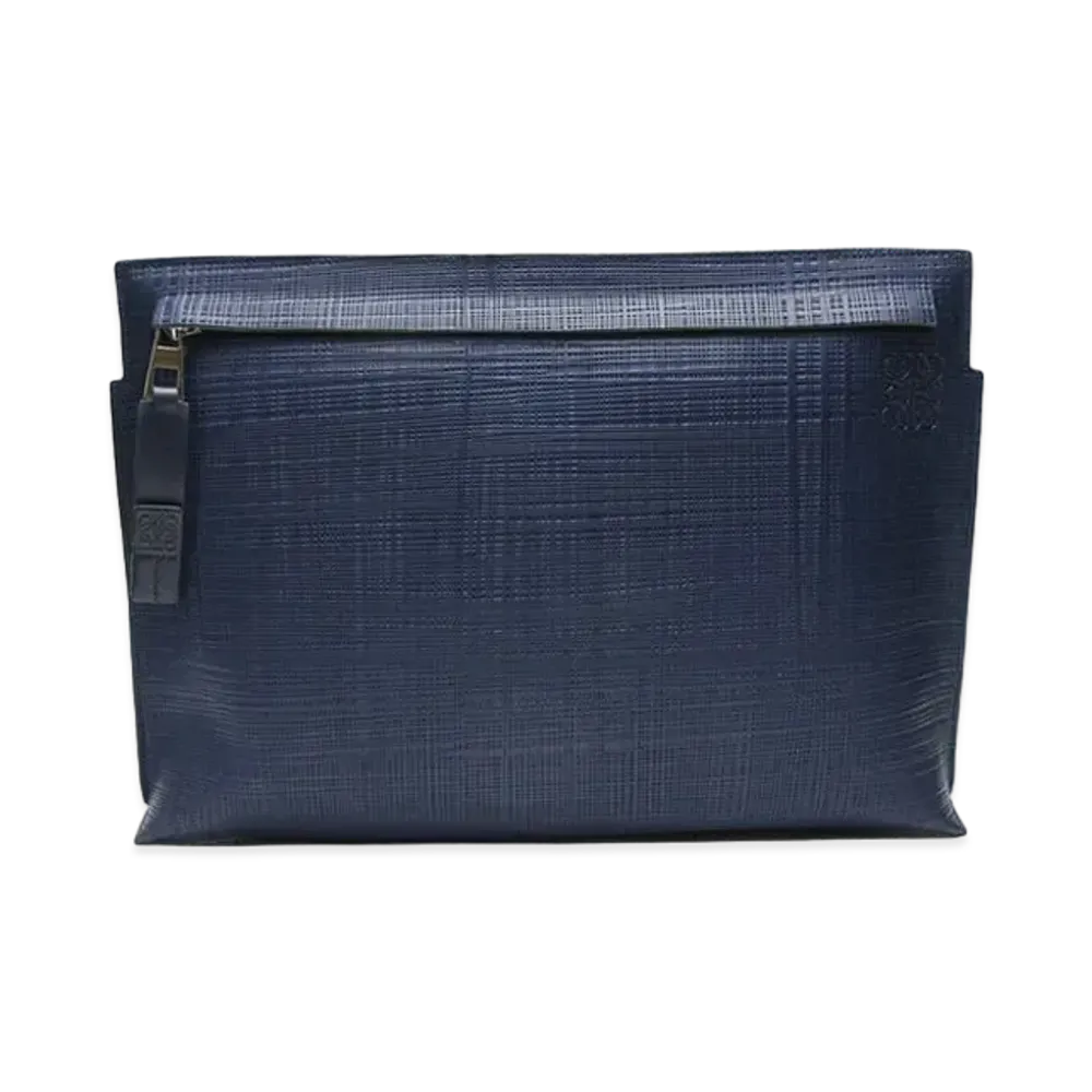 LOEWE T Pouch Linen Clutch bag Calf Leather "Blue"