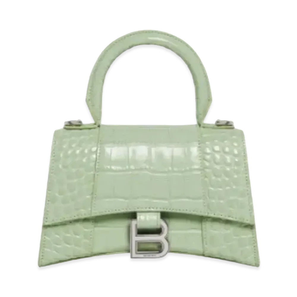 BALENCIAGA Hourglass XS Handbag In Shiny Crocodile Embossed Calfskin "Light Green"