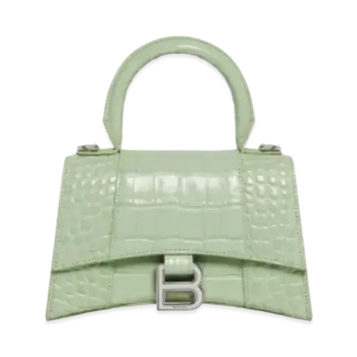 BALENCIAGA Hourglass XS Handbag In Shiny Crocodile Embossed Calfskin "Light Green"