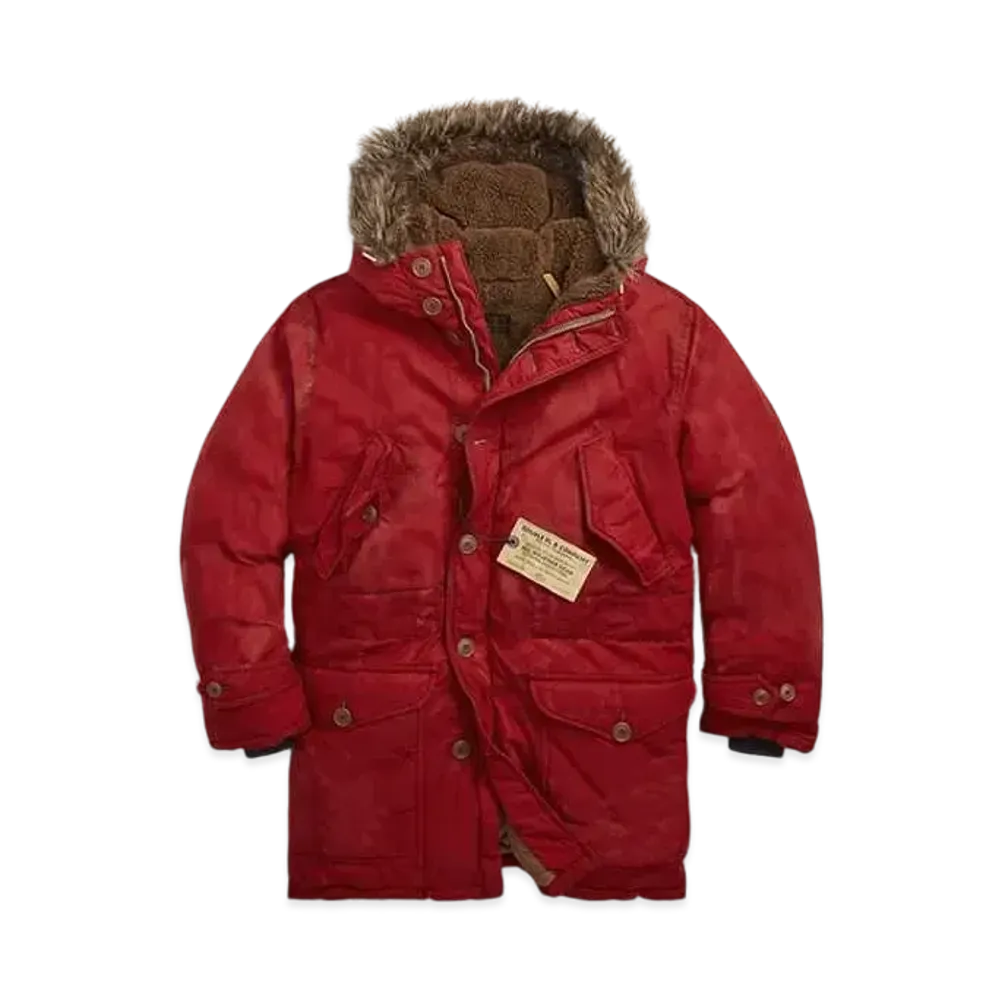RRL Ralph Lauren Faux Fur Trimmed Oilcloth Hoodie "Red"
