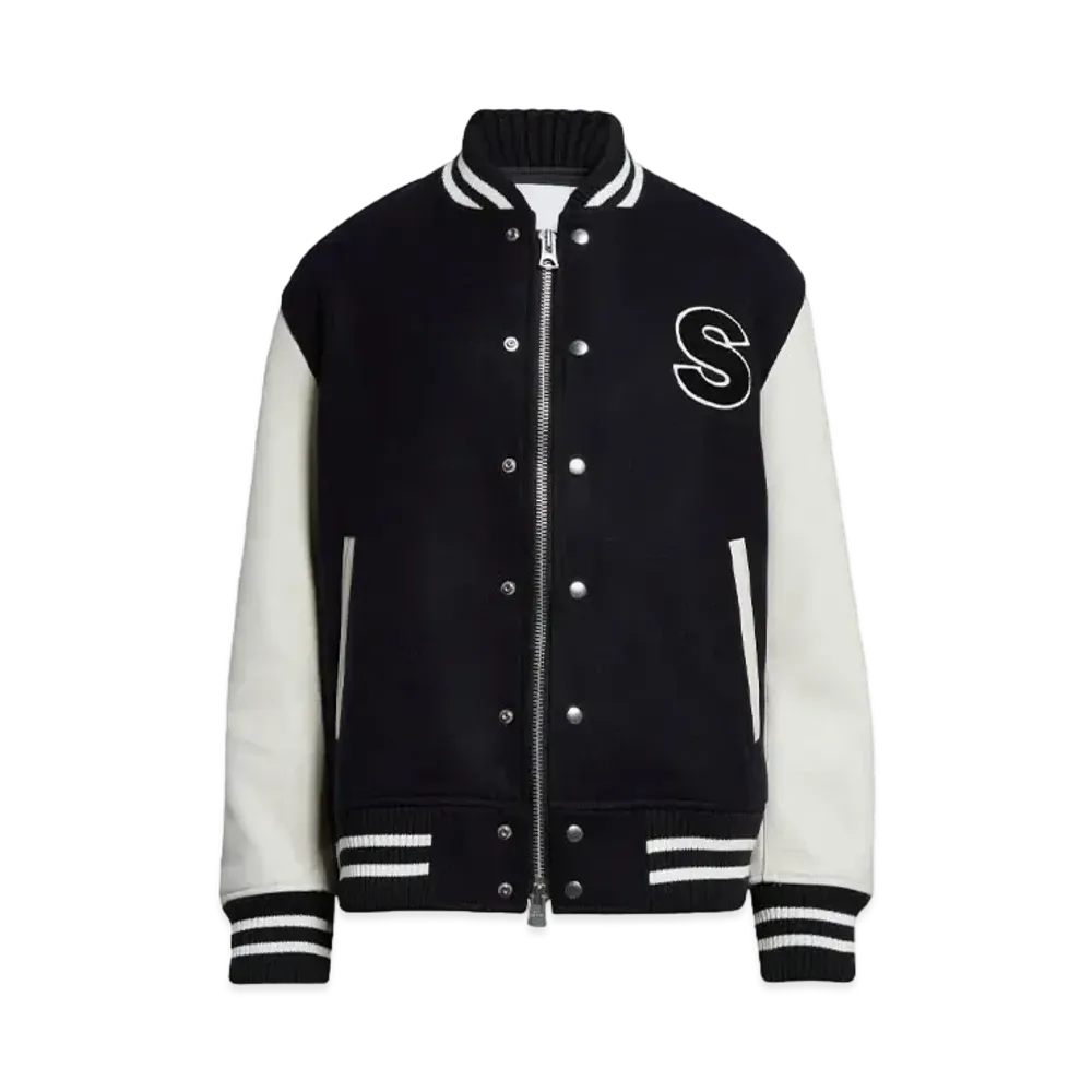 sacai x Mercedes AMG Logo Embroidered Wool & Leather Varsity Jacket "Navy Off White"